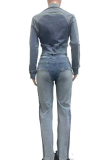 Blue Casual Solid Color Zipper Zipper Collar Long Sleeve Two Pieces