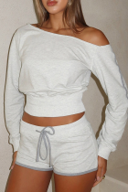 Light Gray Casual Solid Color Draw String Oblique Collar Long Sleeve Two Pieces