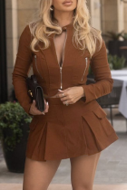 Coffee Casual Solid Color Zipper Zipper Collar Long Sleeve Two Pieces