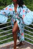 Blue Casual Vacation Print Strap Design Cardigan Collar Outerwear