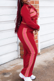 Red Casual Zipper Contrast Zipper Collar Long Sleeve Two Pieces