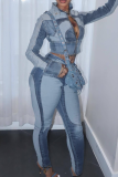 Blue Casual Solid Color Zipper Zipper Collar Long Sleeve Two Pieces