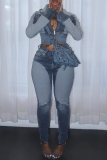 Blue Casual Solid Color Zipper Zipper Collar Long Sleeve Two Pieces