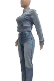 Blue Casual Solid Color Zipper Zipper Collar Long Sleeve Two Pieces