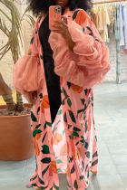 Tangerine Casual Vacation Print Strap Design Cardigan Collar Outerwear