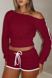 Pink Casual Solid Color Draw String Oblique Collar Long Sleeve Two Pieces