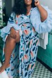 Blue Casual Vacation Print Strap Design Cardigan Collar Outerwear