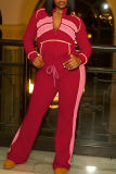 Red Casual Zipper Contrast Zipper Collar Long Sleeve Two Pieces