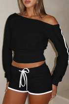 Black Casual Solid Color Draw String Oblique Collar Long Sleeve Two Pieces