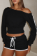 Black Casual Solid Color Draw String Oblique Collar Long Sleeve Two Pieces