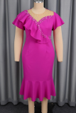 Rose Red Elegant Solid Color Beading Flounce O Neck Fishtail Dresses