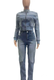 Blue Casual Solid Color Zipper Zipper Collar Long Sleeve Two Pieces