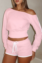 Pink Casual Solid Color Draw String Oblique Collar Long Sleeve Two Pieces