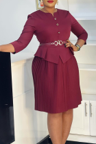 Burgundy Elegant Solid Color With Belt Pleated O Neck Long Dresses
