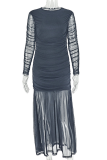 Brown Elegant Solid Color Ruched O Neck Long Dresses