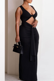 Black Sexy Solid Color Hollow Out V Neck Long Dresses
