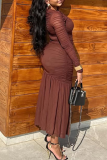 Brown Elegant Solid Color Ruched O Neck Long Dresses