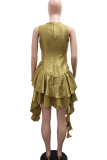 Black Elegant Solid Color Patchwork O Neck Irregular Dresses