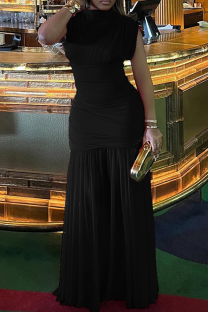 Black Elegant Solid Color Ruched O Neck Long Dresses