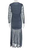Brown Elegant Solid Color Ruched O Neck Long Dresses
