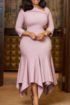 Pink Elegant Solid Color Patchwork Oblique Collar Irregular Dresses