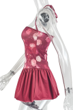 Burgundy Sexy Print Backless Halter A Line Dresses