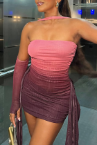 Purple Sexy Gradient Patchwork Strapless Long Sleeve Two Pieces