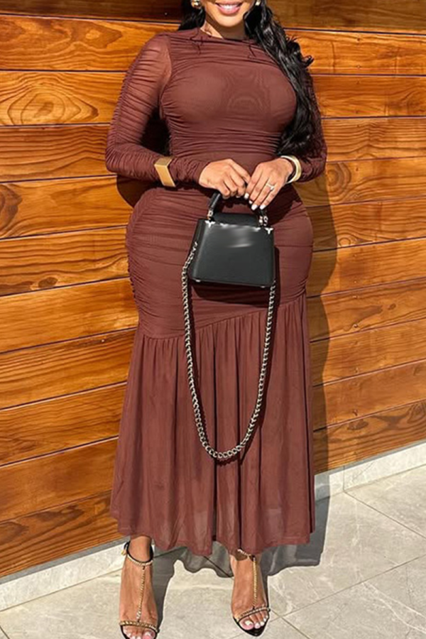 Brown Elegant Solid Color Ruched O Neck Long Dresses
