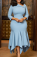 Light Blue Elegant Solid Color Patchwork Oblique Collar Irregular Dresses