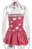 Burgundy Sexy Print Backless Halter A Line Dresses