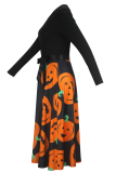 Black Elegant Pumpkin Bow Decor Contrast O Neck Long Dresses