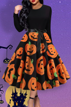 Black Elegant Pumpkin Bow Decor Contrast O Neck Long Dresses