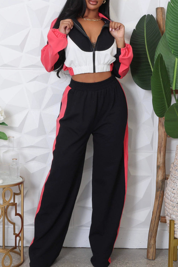 Black Casual Zipper Contrast Turndown Collar Long Sleeve Two Pieces