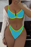 Turquoise Sexy Solid Color Contrast Swimwears