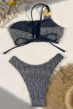 Black Sexy Solid Color Metal Accessories Trim Swimwears