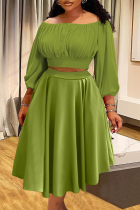 Green Elegant Solid Color Ruched Off Shoulder Plus Size Two Pieces