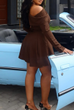 Brown Elegant Solid Color Strap Design Oblique Collar A Line Plus Size Dresses