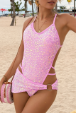 Pink Sexy Solid Color Sequins Swimwears