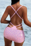 Pink Sexy Solid Color Sequins Swimwears