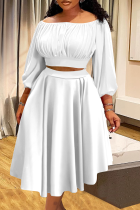 White Elegant Solid Color Ruched Off Shoulder Plus Size Two Pieces