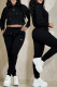 Black Casual Letters Draw String Hooded Long Sleeve Two Pieces