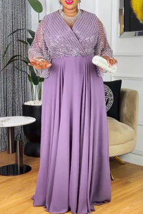 Purple Casual Solid Color Hot Drill V Neck Long Plus Size Dresses