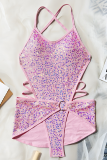 Pink Sexy Solid Color Sequins Swimwears