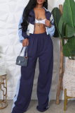 Blue Casual Zipper Contrast Turndown Collar Long Sleeve Two Pieces