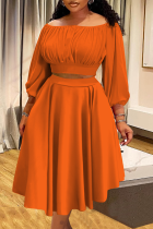 Tangerine Red Elegant Solid Color Ruched Off Shoulder Plus Size Two Pieces