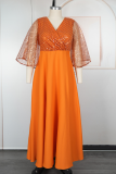 Orange Casual Solid Color Hot Drill V Neck Long Plus Size Dresses