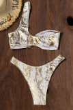 Gold Sexy Print Patchwork Swimwears