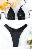 Black Sexy Solid Color Sequins Swimwears