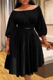 Black Elegant Solid Color Ruched Off Shoulder Plus Size Two Pieces