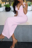 Pink Casual Solid Color Ruched V Neck Long Dresses